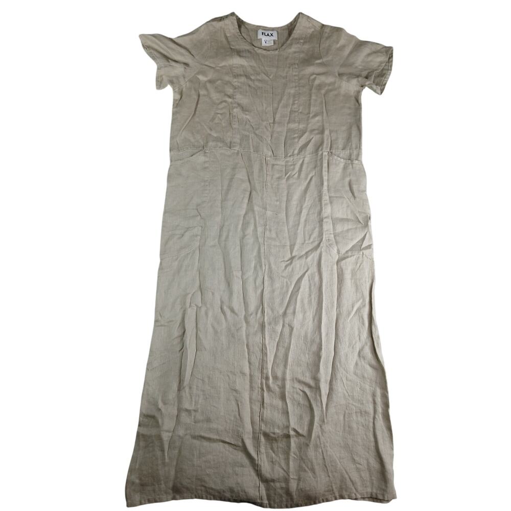 Flax Tee Shirt T-Shirt Dress Women Small Beige Tan Maxi Linen Pockets Front Slit